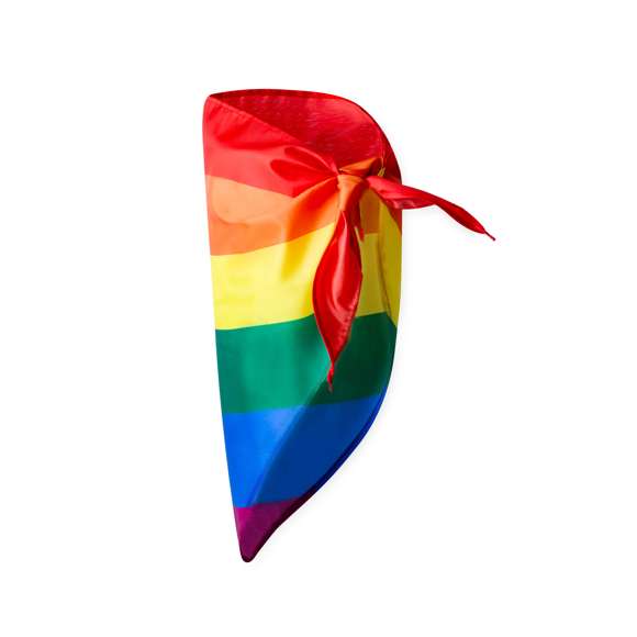 Pañoleta Rainbow multicolor, fabricada en suave poliéster. Con cuerpo en suave poliéster de vivos y variados colores. Pespuntes de refuerzo en los laterales. Todo un orgullo de pañoleta.