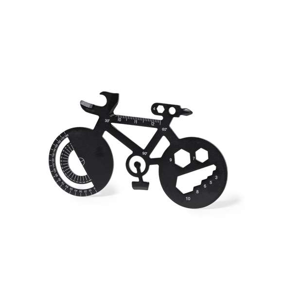 Original y práctica multiherramienta en acero inox con forma de bicicleta. Con 16 funciones, entre otras: destornillador de punta plana y philips, llave para tuercas hexagonales en varios tamaños, regla, transportador de ángulos y abrebotellas. Presentada en bolsa de papel reciclada.