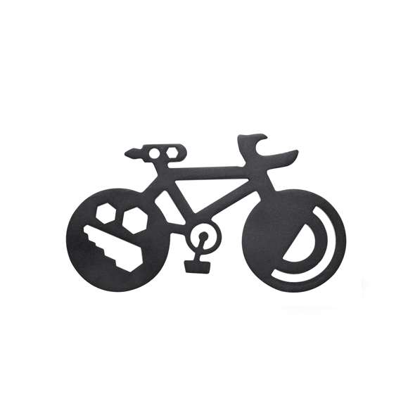 Original y práctica multiherramienta en acero inox con forma de bicicleta. Con 16 funciones, entre otras: destornillador de punta plana y philips, llave para tuercas hexagonales en varios tamaños, regla, transportador de ángulos y abrebotellas. Presentada en bolsa de papel reciclada.