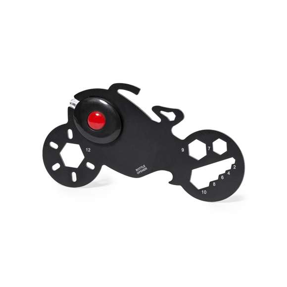 Original y práctica multiherramienta en acero inox con forma de motocicleta. Con 11 funciones, entre otras: llave para tuercas hexagonales en varios tamaños y abrebotellas. Además, con linterna de 1 LED alimentada por pila de botón. Presentado en bolsa de papel reciclada.