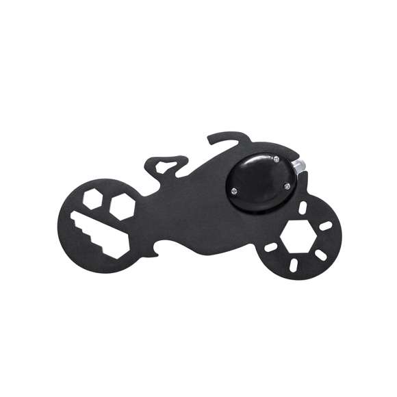 Original y práctica multiherramienta en acero inox con forma de motocicleta. Con 11 funciones, entre otras: llave para tuercas hexagonales en varios tamaños y abrebotellas. Además, con linterna de 1 LED alimentada por pila de botón. Presentado en bolsa de papel reciclada.