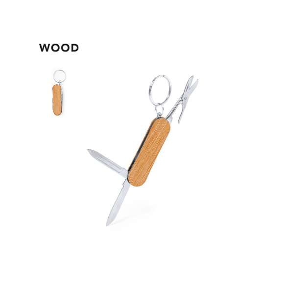 Práctico llavero multiherramienta, con accesorios fabricados en resistente acero inox y carcasa en madera natural. Con 3 funciones: tijeras, cuchillo y lima. Presentado en caja individual de diseño kraft.