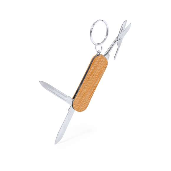 Práctico llavero multiherramienta, con accesorios fabricados en resistente acero inox y carcasa en madera natural. Con 3 funciones: tijeras, cuchillo y lima. Presentado en caja individual de diseño kraft.