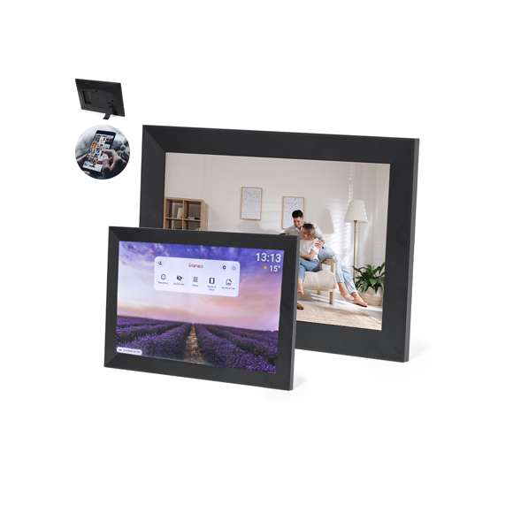 Marco de fotos digital de 10,1 pulgadas. Con pantalla táctil IPS de alta resolución de 1280x800 píxeles, conectividad WiFi, y equipado con funciones inteligentes como visualización del tiempo, alarma y reloj. Ademas incorpora un menú para explorar un mundo de posibilidades al ver videos, fotos y escuchar música, con opción de visualización en formato horizontal y vertical. Con soporte en la parte trasera y ranuras para colgar en la pared. Alimentación CA 220V-240V, con cargador incluido. Presentado en caja de diseño kraft y disponible manual de instrucciones en español e inglés.