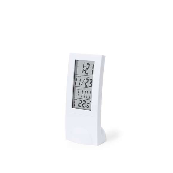 Estación meteorológica fabricada en resistente ABS, con sensor de temperatura. Función de hora (12/24), calendario, alarma y día de la semana. Con base soporte y botones de control traseros. Alimentación a pilas (2xAAA no incluidas) y presentada en atractiva caja de diseño kraft. Disponible manual de instrucciones en español e inglés.