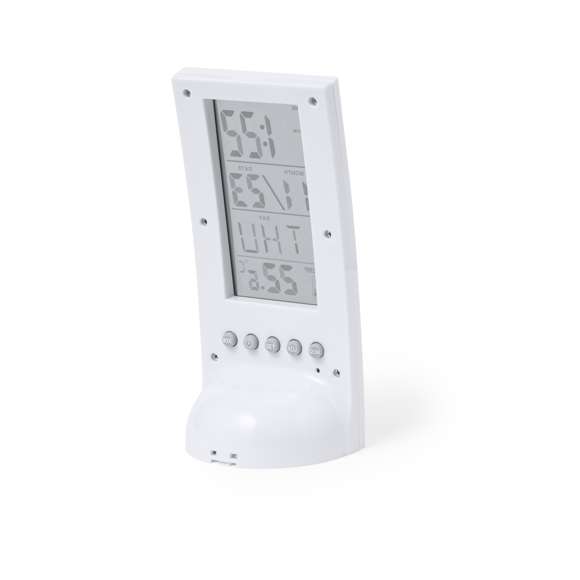 Estación meteorológica fabricada en resistente ABS, con sensor de temperatura. Función de hora (12/24), calendario, alarma y día de la semana. Con base soporte y botones de control traseros. Alimentación a pilas (2xAAA no incluidas) y presentada en atractiva caja de diseño kraft. Disponible manual de instrucciones en español e inglés.