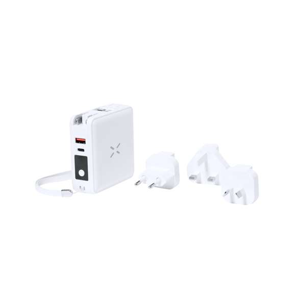 Adaptador viaje inalámbrico, multifunción y multisalida con powerbank integrado de 10.000 mAh de capacidad de carga. De elegante diseño en color blanco y amplia superficie de marcaje. Función de carga inalámbrica con tecnología magsafe, conexión dual de entrada y salida de corriente Tipo C y salidas USB. Con dos cables de salida integrados con conectores Tipo C y 2 en 1 (Micro USB y Lightning). Simultaneidad de uso para todas las funciones, con adaptadores de enchufe de pared para USA, Europa, Asia, Reino Unido y Australia. Presentado en atractiva caja de diseño kraft. Disponible manual de instrucciones en español e inglés.Las capacidades mostradas en todas nuestras baterías auxiliares externas son reales, incorporando todas ellas baterías de grado A y no recicladas, con una vida útil de al menos 500 ciclos de carga y según normativa CE.Además, están fabricadas conforme a los estándares RoHS y en cumplimiento con los siguientes requisitos de seguridad:Sistema de protección contra sobrecarga del power bank.Sistema de protección contra descarga completa que proporciona una mayor durabilidad del power bank.Sistema de bloqueo para evitar cortocircuitos.Sistema de transferencia de carga constante, acorde con la capacidad del dispositivo de destino.