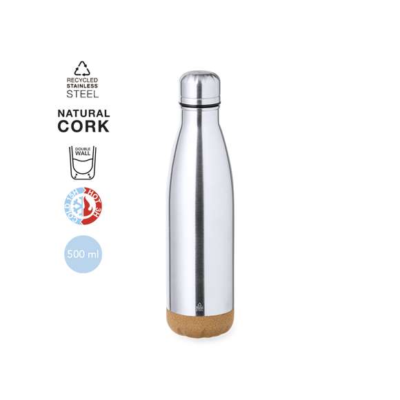 Bidón térmico de doble capa en Acero Inox Reciclado en 500 ml de capacidad. De acabado plata, con tapón a rosca a juego y base en corcho natural. Con logotipo Acero Inox Reciclado, libre de BPA y presentado en caja individual de diseño kraft.El acero es uno de los materiales más demandados y que puede encontrarse casi en todas partes, desde productos de uso diario a grandes construcciones. Con innumerables propiedades, entre las que cabe destacar la durabilidad y su alto grado de reutilización, convirtiéndolo en una alternativa muy valorada en soluciones de sostenibilidad. Debidamente tratado, permite obtener nuevos recursos de infinita utilización.