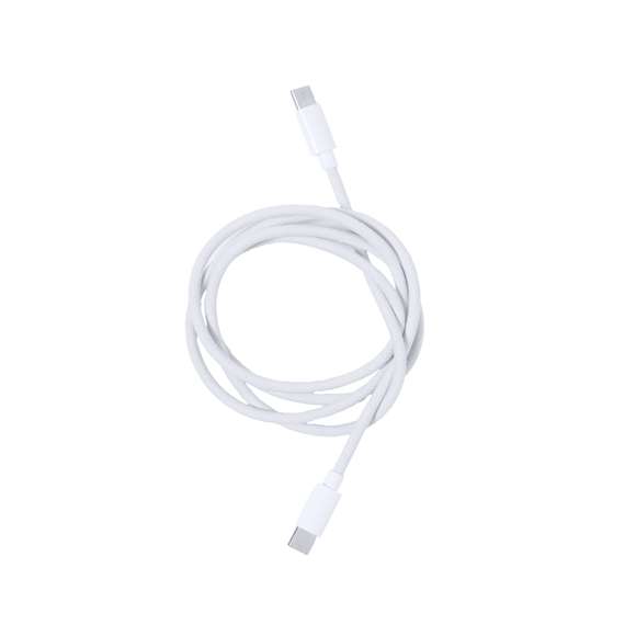 Cable cargador con conexión dual Tipo C. De 65W de potencia y apto para transferir datos. 100cm de longitud, con conectores de aluminio y presentado en atractivo estuche con una parte transparente y otra opaca. Con asa de transporte y presentado individualmente en bolsa reciclada.