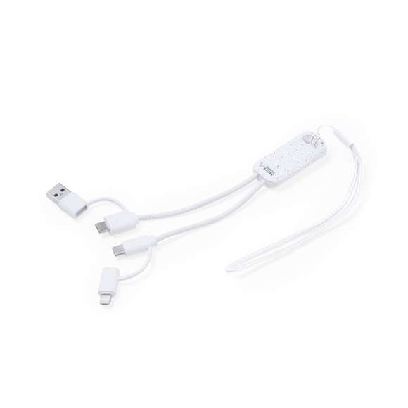 Cable cargador fabricado a partir de extractos de piedra natural en combinación con resistente ABS. Con conexiones de entrada Tipo C/USB y salidas Tipo C, Lightning y Micro USB. 5V DC 2.4A. Presentado en caja individual de diseño kraft.Fabricado con extractos de piedra natural, ayudando a la reducción del uso de plásticos, además de proporcionar un acabado suave y resistente.