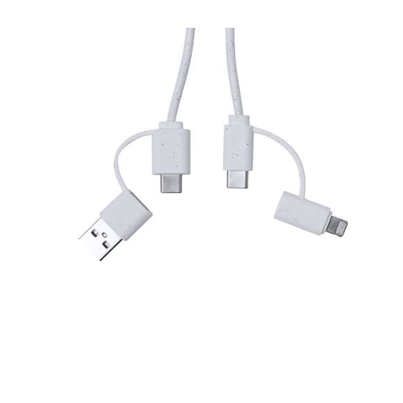 Cable cargador fabricado a partir de extractos de piedra natural en combinación con resistente ABS. Con conexiones de entrada Tipo C/USB y salidas Tipo C, Lightning y Micro USB. 5V DC 2.4A. Presentado en caja individual de diseño kraft.Fabricado con extractos de piedra natural, ayudando a la reducción del uso de plásticos, además de proporcionar un acabado suave y resistente.