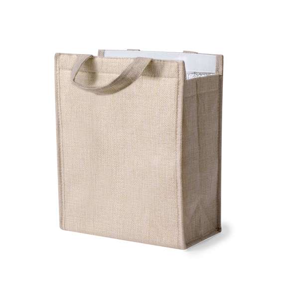 Bolsa nevera fabricada en resistente poliéster. Cierre de velcro y asas con refuerzo. Disponible en color natural.