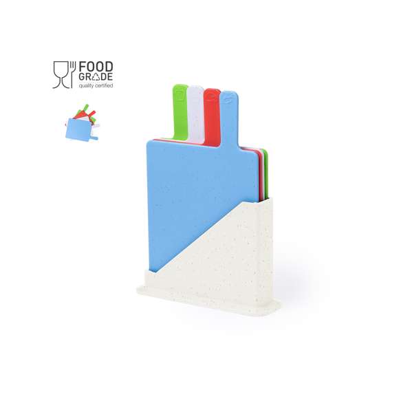 Set de tablas fabricadas en resistente PP. Incluye cuatro tablas con un soporte para un almacenamiento ordenado. Cada tabla es fácilmente identificable gracias a los dibujos grabados y los diferentes colores, para diferentes tipos de alimentos. Presentado en caja de diseño kraft.