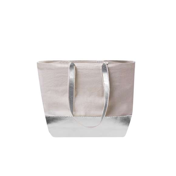 Bolsa en material 100% algodón reciclado de 220 g/m2 en combinación con polipiel metalizada. Con fuelle y asas largas de 70cm, disponibles en dorado, plateado y oro rosa, con base a juego. Resistencia hasta 8 kg de peso.