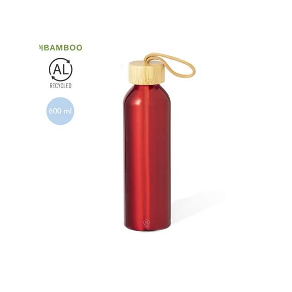 Bidón en Aluminio Reciclado de 600 ml de capacidad. De originales y variados colores pastel metalizados. Tapón a rosca en bambú con cordón de transporte trenzado. Presentado en una caja de diseño kraft.