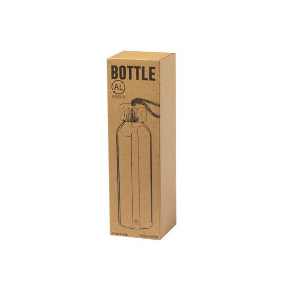 Bidón en Aluminio Reciclado de 600 ml de capacidad. De originales y variados colores pastel metalizados. Tapón a rosca en bambú con cordón de transporte trenzado. Presentado en una caja de diseño kraft.