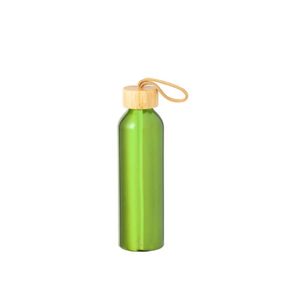 Bidón en Aluminio Reciclado de 600 ml de capacidad. De originales y variados colores pastel metalizados. Tapón a rosca en bambú con cordón de transporte trenzado. Presentado en una caja de diseño kraft.