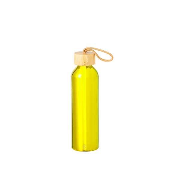 Bidón en Aluminio Reciclado de 600 ml de capacidad. De originales y variados colores pastel metalizados. Tapón a rosca en bambú con cordón de transporte trenzado. Presentado en una caja de diseño kraft.