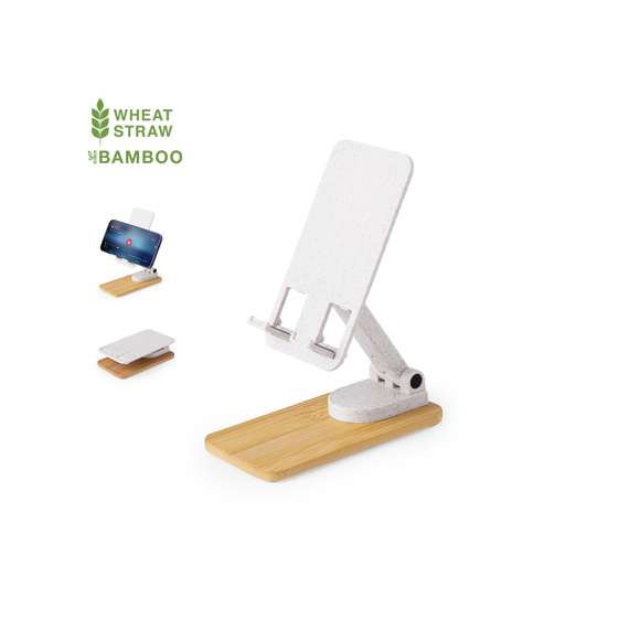 Soporte plegable para smartphones y tablets, fabricado en caña de trigo y con base en resistente bambú. Regulable en altura, con almohadillas de goma antideslizantes en base y soporte. Amplia superficie de marcaje, especialmente indicado para impresión en tampografía en el soporte y en láser en la base. Materiales como el bambú fomentan la utilización de materias primas naturales, reduciendo las emisiones contaminantes. Proviene de una planta de gran resistencia y versatilidad, con crecimiento y regeneración rápidos, siendo una excelente alternativa al uso de madera tradicional.La caña de trigo fomenta la utilización de materias primas naturales, reduciendo así las emisiones contaminantes.