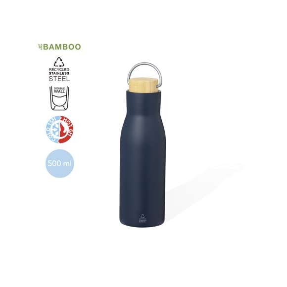 Bidón térmico de 500 ml de capacidad, fabricado en Acero Inox Reciclado de doble pared. Incluye original tapón a rosca en acero inox con detalle de bambú y asa integrada. Disponible en variada gama de colores mate y presentado en caja individual de diseño kraft.