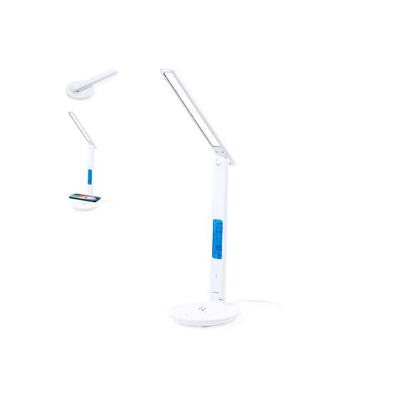 Lámpara multifunción plegable todo en uno, fabricada en resistente ABS blanco con acabado imitación piel. Provisto de 60 LEDs y 3 posiciones de iluminación (cálida, fría y media), con intensidad de luz regulable mediante el botón táctil de la base. Extensible y fácil de orientar, con pantalla de LCD integrada y retroiluminada, que marca hora, fecha, día y temperatura. Con botones de ajuste en la parte trasera y pila de botón incluida para guardar los datos. Incluye un cargador inalámbrico 10W integrado en la base, con entrada Tipo C y compatible con dispositivos móviles de carga inalámbrica. Con cable cargador Tipo C, y manual de instrucciones en español e inglés. Presentada en una atractiva caja de diseño kraft.