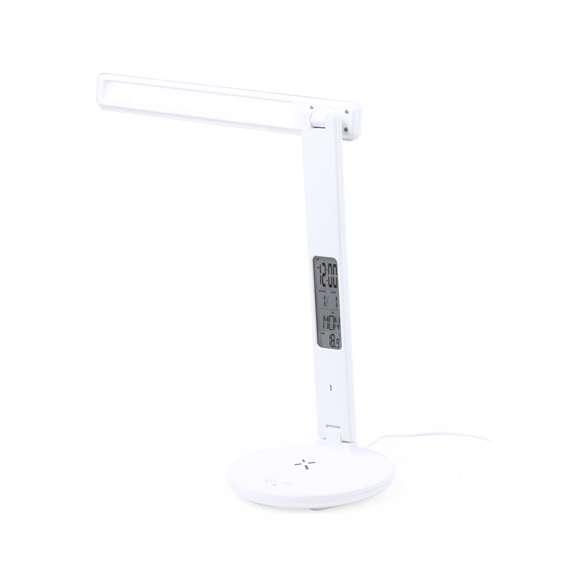Lámpara multifunción plegable todo en uno, fabricada en resistente ABS blanco con acabado imitación piel. Provisto de 60 LEDs y 3 posiciones de iluminación (cálida, fría y media), con intensidad de luz regulable mediante el botón táctil de la base. Extensible y fácil de orientar, con pantalla de LCD integrada y retroiluminada, que marca hora, fecha, día y temperatura. Con botones de ajuste en la parte trasera y pila de botón incluida para guardar los datos. Incluye un cargador inalámbrico 10W integrado en la base, con entrada Tipo C y compatible con dispositivos móviles de carga inalámbrica. Con cable cargador Tipo C, y manual de instrucciones en español e inglés. Presentada en una atractiva caja de diseño kraft.