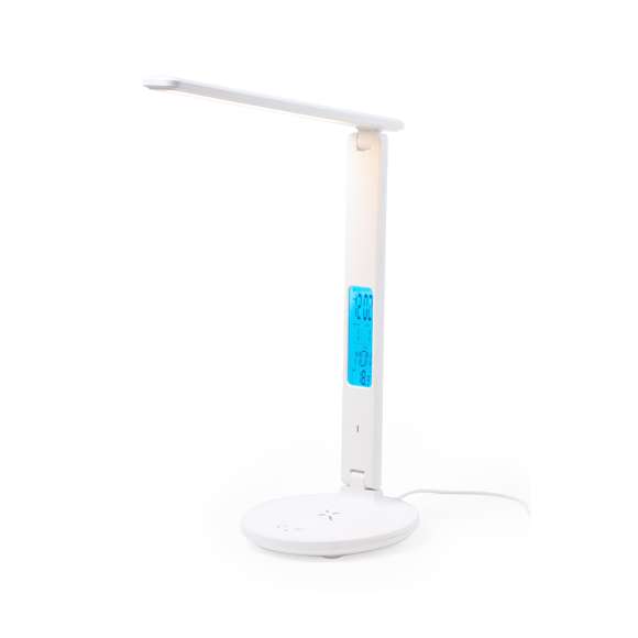 Lámpara multifunción plegable todo en uno, fabricada en resistente ABS blanco con acabado imitación piel. Provisto de 60 LEDs y 3 posiciones de iluminación (cálida, fría y media), con intensidad de luz regulable mediante el botón táctil de la base. Extensible y fácil de orientar, con pantalla de LCD integrada y retroiluminada, que marca hora, fecha, día y temperatura. Con botones de ajuste en la parte trasera y pila de botón incluida para guardar los datos. Incluye un cargador inalámbrico 10W integrado en la base, con entrada Tipo C y compatible con dispositivos móviles de carga inalámbrica. Con cable cargador Tipo C, y manual de instrucciones en español e inglés. Presentada en una atractiva caja de diseño kraft.
