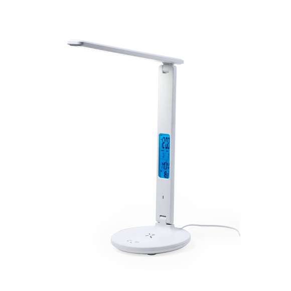 Lámpara multifunción plegable todo en uno, fabricada en resistente ABS blanco con acabado imitación piel. Provisto de 60 LEDs y 3 posiciones de iluminación (cálida, fría y media), con intensidad de luz regulable mediante el botón táctil de la base. Extensible y fácil de orientar, con pantalla de LCD integrada y retroiluminada, que marca hora, fecha, día y temperatura. Con botones de ajuste en la parte trasera y pila de botón incluida para guardar los datos. Incluye un cargador inalámbrico 10W integrado en la base, con entrada Tipo C y compatible con dispositivos móviles de carga inalámbrica. Con cable cargador Tipo C, y manual de instrucciones en español e inglés. Presentada en una atractiva caja de diseño kraft.