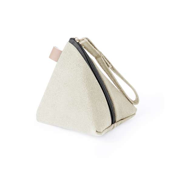 Original monedero en forma de pirámide, fabricado en resistente canvas. Bolsillo con cierre de cremallera y cinta de transporte larga. Disponible en varios colores.