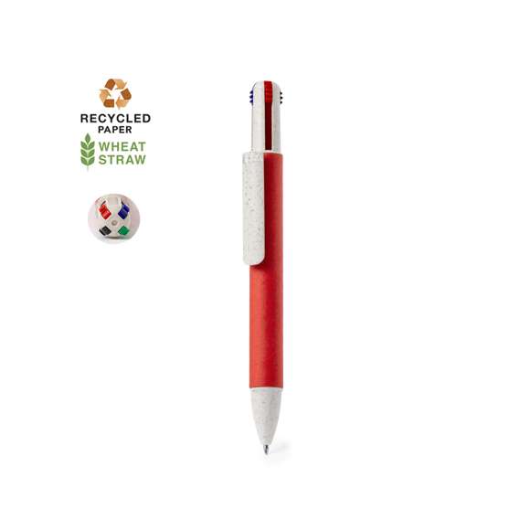 Bolígrafo 4 en 1 con mecanismo pulsador retráctil. Combinación de cuerpo en cartón reciclado natural y accesorios en caña de trigo y ABS, para fomentar la utilización y reciclado de materias primas, reduciendo así las emisiones contaminantes. De 4 cartuchos en tinta azul, roja, negra y verde.El cartón reciclado proviene del reaprovechamiento de excedente de fabricaciones y reciclaje de papel en el final de su vida útil, convirtiéndose en un lienzo ecológico y sostenible.