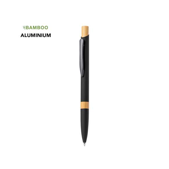 Elegante bolígrafo de aluminio con mecanismo pulsador. Cuerpo en resistente aluminio de acabado goma mate y con detalles en bambú, con caña en una amplia gama de distintivos colores. Clip metálico, de carga jumbo y en tinta azul. Presentado en bolsa individual reciclada.Materiales como el bambú fomentan la utilización de materias primas naturales, reduciendo las emisiones contaminantes. Proviene de una planta de gran resistencia y versatilidad, con crecimiento y regeneración rápidos, siendo una excelente alternativa al uso de madera tradicional.