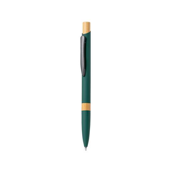 Elegante bolígrafo de aluminio con mecanismo pulsador. Cuerpo en resistente aluminio de acabado goma mate y con detalles en bambú, con caña en una amplia gama de distintivos colores. Clip metálico, de carga jumbo y en tinta azul. Presentado en bolsa individual reciclada.Materiales como el bambú fomentan la utilización de materias primas naturales, reduciendo las emisiones contaminantes. Proviene de una planta de gran resistencia y versatilidad, con crecimiento y regeneración rápidos, siendo una excelente alternativa al uso de madera tradicional.