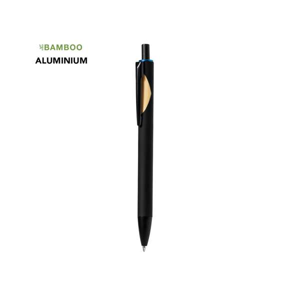 Bolígrafo de mecanismo pulsador con cuerpo de acabado sólido en color negro y detalle superior en variada gama de colores. Clip metálico en color negro con detalle en bambú. Especialmente diseñado para marcaje en láser y con un recubrimiento exterior especial para que tu publicidad quede perfectamente grabada y a juego. En tinta azul. Presentado en bolsa individual reciclada.Materiales como el bambú fomentan la utilización de materias primas naturales, reduciendo las emisiones contaminantes. Proviene de una planta de gran resistencia y versatilidad, con crecimiento y regeneración rápidos, siendo una excelente alternativa al uso de madera tradicional.