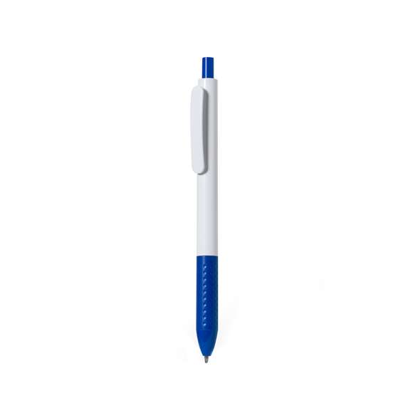 Bolígrafo de mecanismo pulsador en resistente ABS. Fabricado en elegante combinación de caña y clip de tono blanco. Con pulsador y empuñadura disponibles en una vibrante variedad de colores. En tinta azul.