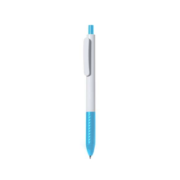 Bolígrafo de mecanismo pulsador en resistente ABS. Fabricado en elegante combinación de caña y clip de tono blanco. Con pulsador y empuñadura disponibles en una vibrante variedad de colores. En tinta azul.