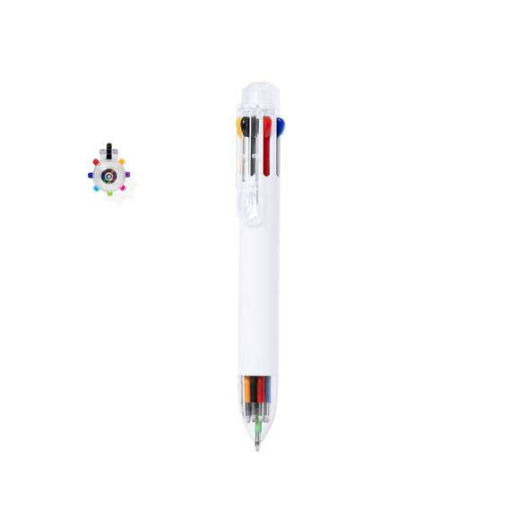 Bolígrafo con 8 variados colores de escritura en ABS. Este instrumento de escritura ofrece una variada paleta de colores en un solo bolígrafo, con una selección de 8 colores diferentes adaptándose a cualquier tarea. Su diseño ergonómico y funcionalidad hace que se pueda seleccionar fácilmente cada opción con sus pulsadores en la parte superior. Ideado con la caña de color blanco y accesorios y clip de color transparente.