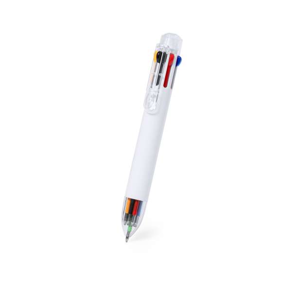 Bolígrafo con 8 variados colores de escritura en ABS. Este instrumento de escritura ofrece una variada paleta de colores en un solo bolígrafo, con una selección de 8 colores diferentes adaptándose a cualquier tarea. Su diseño ergonómico y funcionalidad hace que se pueda seleccionar fácilmente cada opción con sus pulsadores en la parte superior. Ideado con la caña de color blanco y accesorios y clip de color transparente.