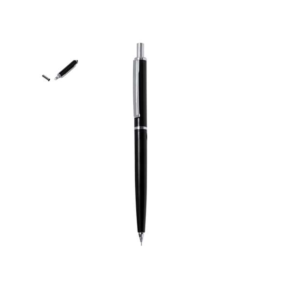 Elegante portaminas hecho en resistente ABS. Cuerpo en color negro y empuñadura a juego de tacto liso, con elementos cromados como botón, clip, punta y anilla central.Con goma y minas incluidas de 0,7 mm.