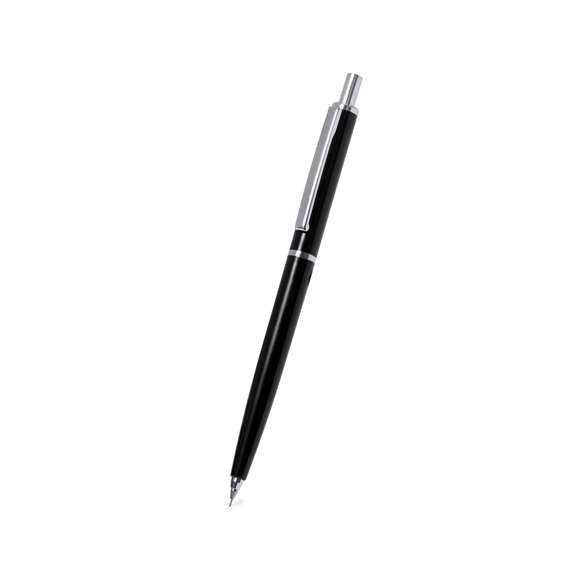 Elegante portaminas hecho en resistente ABS. Cuerpo en color negro y empuñadura a juego de tacto liso, con elementos cromados como botón, clip, punta y anilla central.Con goma y minas incluidas de 0,7 mm.