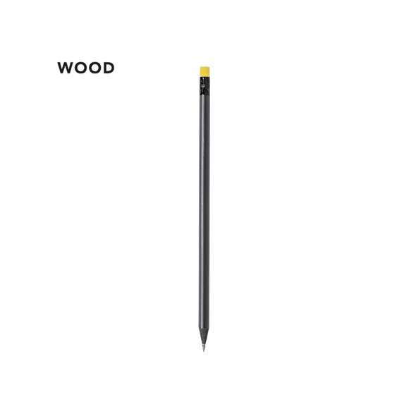 Elegante lápiz de color negro fabricado en madera natural, con práctica goma y disponible en diversos colores. Con mina negra y punta afilada.