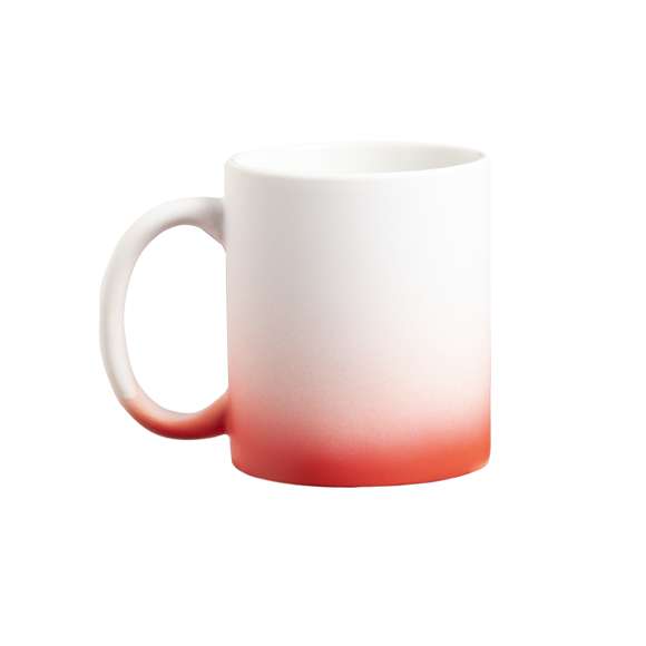 Taza de cerámica con 350 ml de capacidad y acabado mate. Especialmente diseñada para marcaje en sublimación. Disponible en diversos y llamativos colores degradados a blanco. Presentada en caja individual kraft.