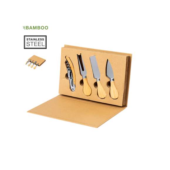 Set de quesos y vino con accesorios fabricados en resistente acero inox, con mango en bambú. Accesorios presentados en un original estuche de cartón corrugado, con interior troquelado para cada uno. Incluye utensilios para quesos duros, blandos y troceados; y un abridor de dos tiempos con cuchilla cortacápsulas.Materiales como el bambú fomentan la utilización de materias primas naturales, reduciendo las emisiones contaminantes. Proviene de una planta de gran resistencia y versatilidad, con crecimiento y regeneración rápidos, siendo una excelente alternativa al uso de madera tradicional.