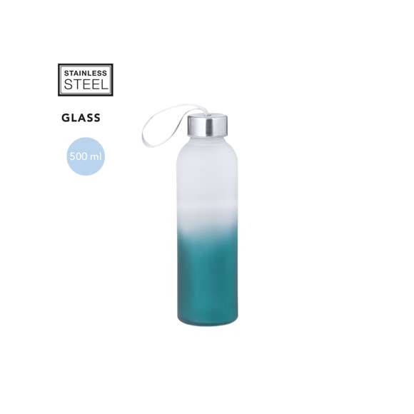 Bidón de cristal y acero inox con 500 ml de capacidad. Original diseño degradado de color blanco translúcido a diversos colores mate. Tapón de rosca con sellado perfecto con correa para su fácil transporte. Presentado individualmente en caja de diseño kraft.