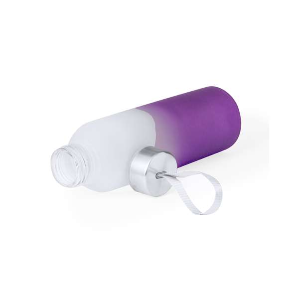 Bidón de cristal y acero inox con 500 ml de capacidad. Original diseño degradado de color blanco translúcido a diversos colores mate. Tapón de rosca con sellado perfecto con correa para su fácil transporte. Presentado individualmente en caja de diseño kraft.