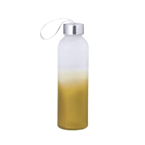 Bidón de cristal y acero inox con 500 ml de capacidad. Original diseño degradado de color blanco translúcido a diversos colores mate. Tapón de rosca con sellado perfecto con correa para su fácil transporte. Presentado individualmente en caja de diseño kraft.