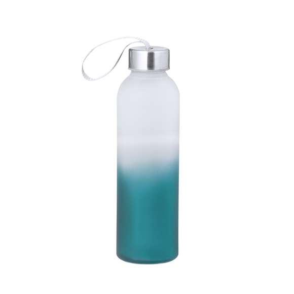 Bidón de cristal y acero inox con 500 ml de capacidad. Original diseño degradado de color blanco translúcido a diversos colores mate. Tapón de rosca con sellado perfecto con correa para su fácil transporte. Presentado individualmente en caja de diseño kraft.