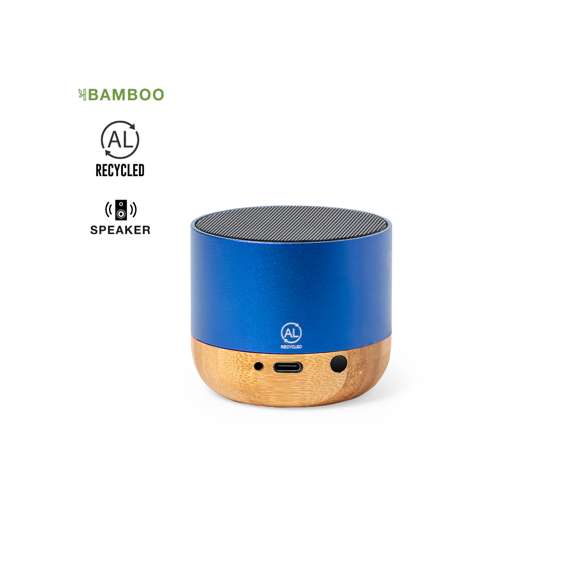 Altavoz eco fabricado en combinación de carcasa de Aluminio Reciclado y base de bambú. Con conexión Bluetooth y 3W de potencia. Batería de litio de 300mAh y logotipo Aluminio Reciclado. Presentado en caja individual de diseño kraft, con manual de instrucciones disponible en español e inglés.El Aluminio Reciclado es un material con posibilidades de reciclaje casi infinitas, sin perder sus propiedades originales y consumiendo menos energía en este proceso.Certificación GRS (Global Recycled Standard / Estándar de Reciclaje Global), que garantiza el origen reciclado del material usado para fabricar el producto.