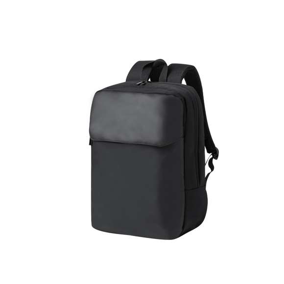 Mochila confeccionada en elegante polipiel. De diseño urbano que incluye un bolsillo central acolchado con doble cierre para tablet de hasta 10 pulgadas y portátil de hasta 15 pulgadas, así como un bolsillo segundario. Además, tiene un bolsillo frontal con cremallera y solapa protectora. Las cintas de hombros y la espalda son acolchadas, ajustables y cuentan con una tela transpirable. Incorpora un accesorio para ajustarse al trolley y una cómoda asa en la parte superior. Presentada en una bolsa individual reciclada.
