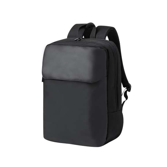 Mochila confeccionada en elegante polipiel. De diseño urbano que incluye un bolsillo central acolchado con doble cierre para tablet de hasta 10 pulgadas y portátil de hasta 15 pulgadas, así como un bolsillo segundario. Además, tiene un bolsillo frontal con cremallera y solapa protectora. Las cintas de hombros y la espalda son acolchadas, ajustables y cuentan con una tela transpirable. Incorpora un accesorio para ajustarse al trolley y una cómoda asa en la parte superior. Presentada en una bolsa individual reciclada.