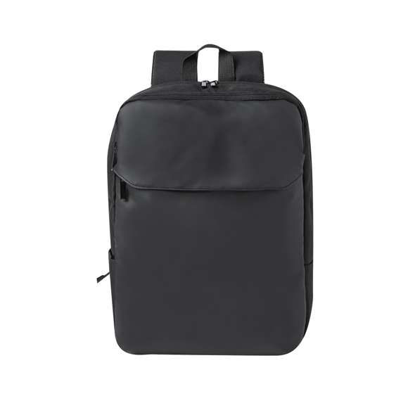 Mochila confeccionada en elegante polipiel. De diseño urbano que incluye un bolsillo central acolchado con doble cierre para tablet de hasta 10 pulgadas y portátil de hasta 15 pulgadas, así como un bolsillo segundario. Además, tiene un bolsillo frontal con cremallera y solapa protectora. Las cintas de hombros y la espalda son acolchadas, ajustables y cuentan con una tela transpirable. Incorpora un accesorio para ajustarse al trolley y una cómoda asa en la parte superior. Presentada en una bolsa individual reciclada.